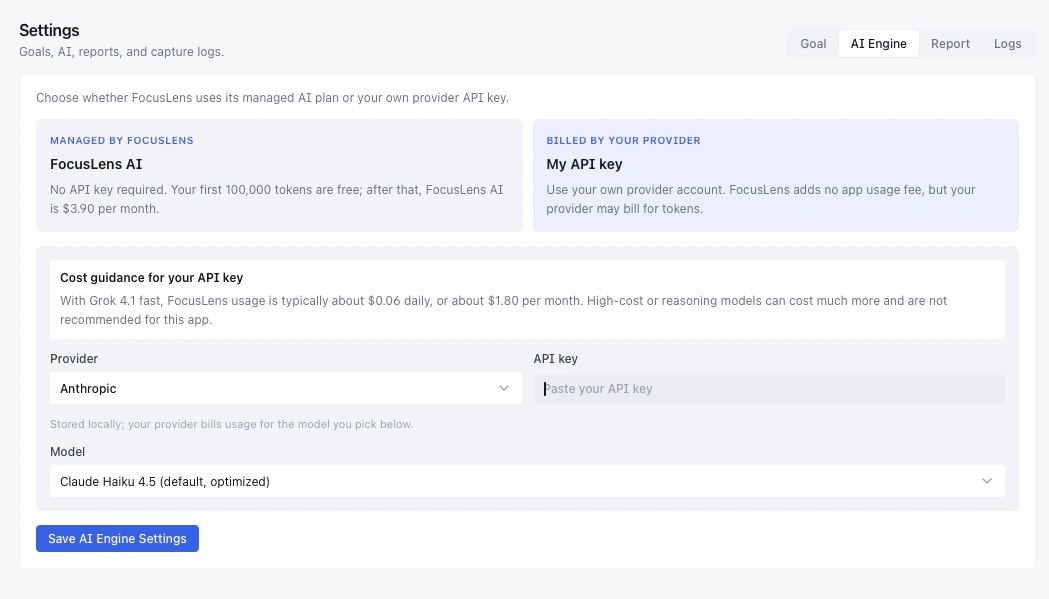 Kloy AI Engine settings showing My API key setup with provider and model selection
